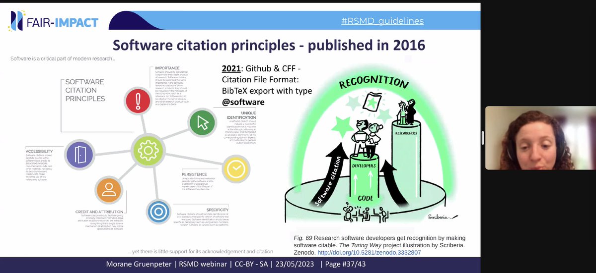 Better software is also the one that is properly cited. Dealing now with guidelines for #attribution &amp; #credit in #ResearchSoftware, starting with the Software citation principles in 2016
#RSMD_guidelines webinar 
<a href="/fairimpact_eu/">FAIR-IMPACT</a>  <a href="/FAIRCORE4EOSC/">FAIRCORE4EOSC</a> 
bit.ly/45kpEFL