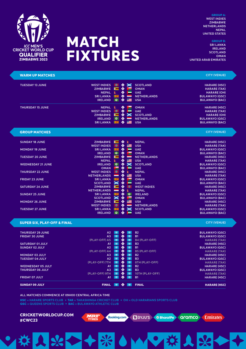 zcdomestic's tweet photo. The @ICC Men’s Cricket World Cup Qualifier 2023 Match Schedule is now available 🎉🤩

👇 Check it out 👇

#RoadToCWC23 | #CWC23 | #VisitZimbabwe https://t.co/sZPlsrWK7M