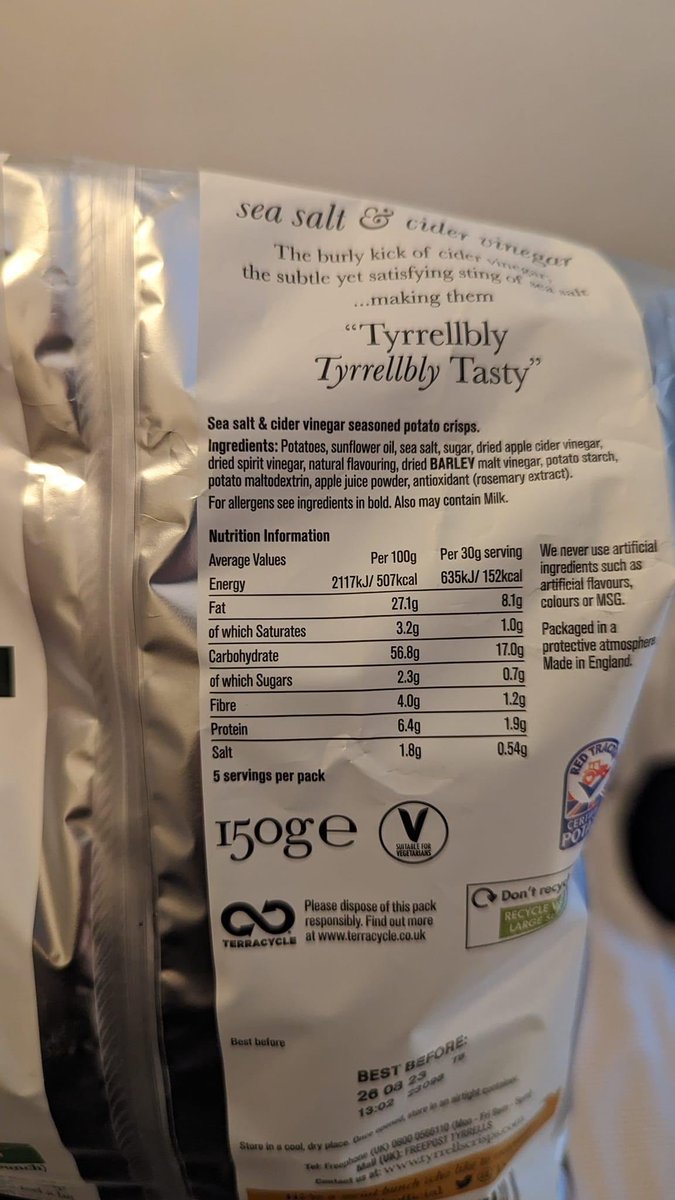 <a href="/Tyrrells/">Tyrrells</a> gutted to see barley in your lovely crisps - meaning hundreds of thousands of Uk people now can’t eat them and those #coeliacs that do will get poorly and increase their risk of cancer. Can you help us stay safe please 🙏🏻 #inclusion #gluten #safe #intolerance #coeliac