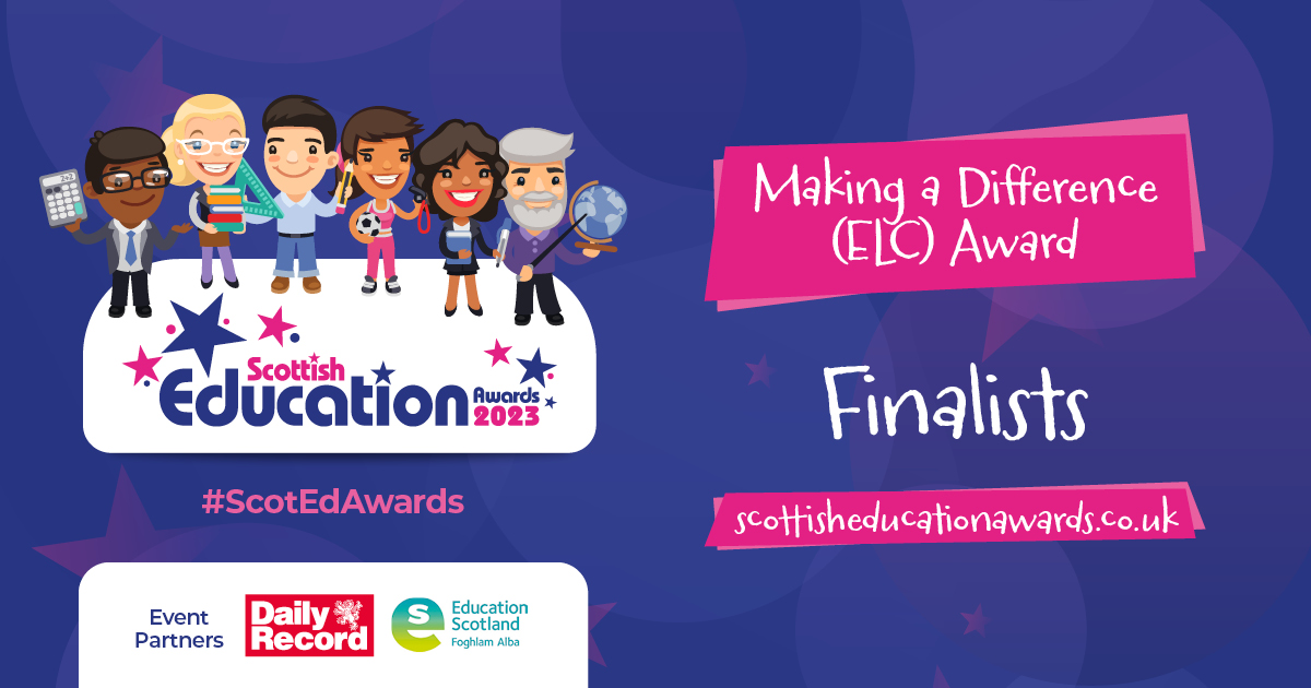 ReachScotEvents's tweet photo. Congratulations to the 2023 #ScotEdAwards Making a Difference (ELC) Award finalists!
These childcare establishments are committed to transforming the lives of learners - overcoming obstacles to nurture equality, achievement and wellbeing.
@hillend_cc @nursery_hope @WJELCC 👏 https://t.co/yweex5TnHG