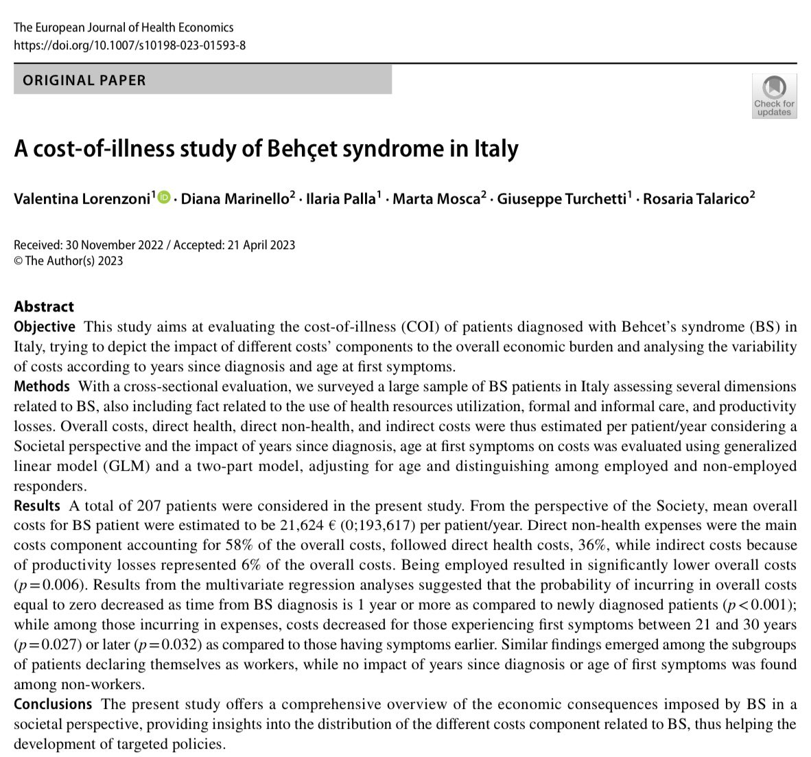 SaraTalarico2's tweet photo. 👉🏻Our research on cost-of-illness in #Behcet just published. A comprehensive overview of the #economicimpact of BD in a societal perspective, providing insights into the distribution of the different costs components #costofillness #BehcetClinicPisa @ScuolaSantAnna https://t.co/PnBUbBQ7DR