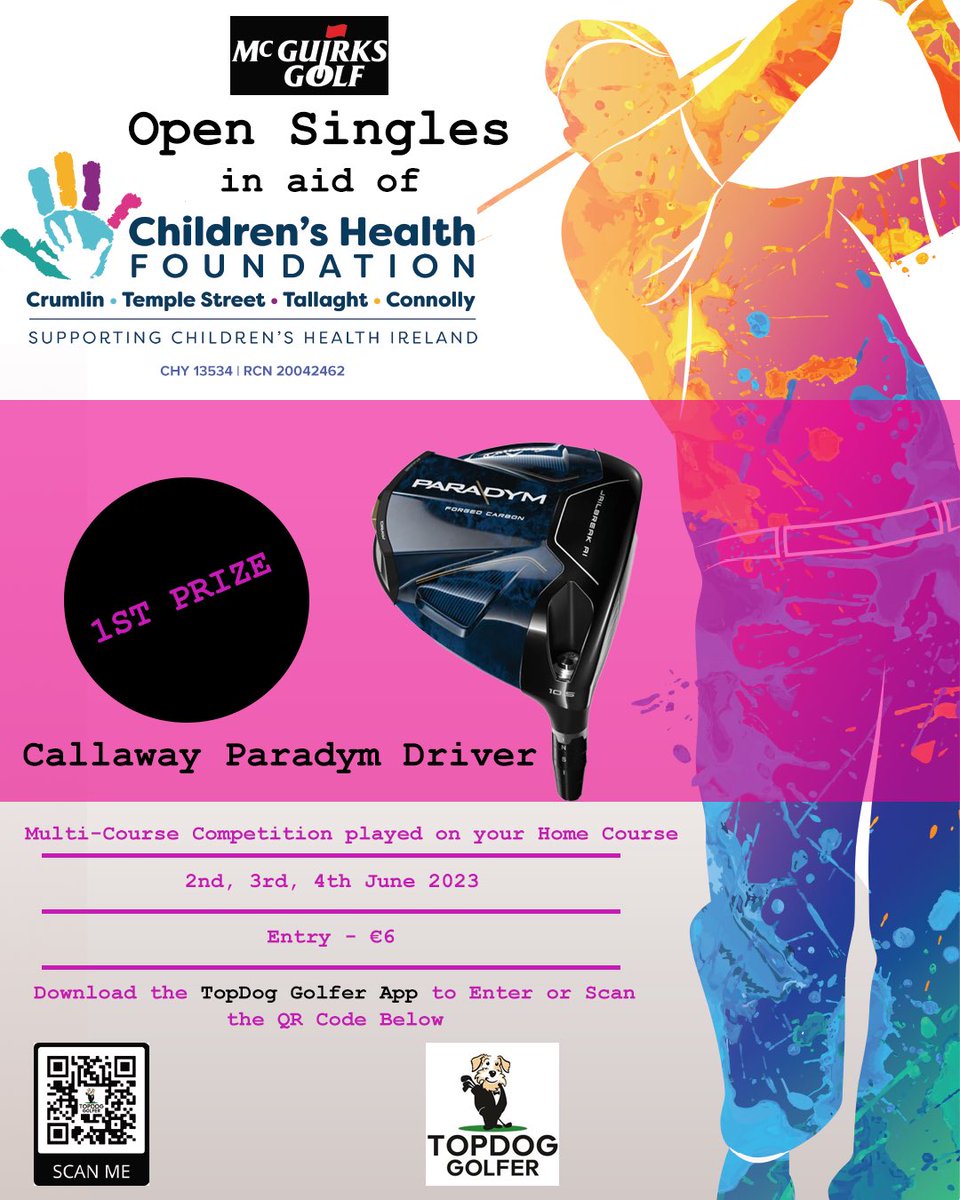 We’re delighted to be teaming up with <a href="/topdog_golfer/">TopDog Golfer</a> to bring you an Open Singles in aid of <a href="/CHFIreland/">Children's Health Foundation</a>❤️

Entries are only €6 and it is played from the comfort of your own club🤝

Download the TopDog Golfer app to enter✅