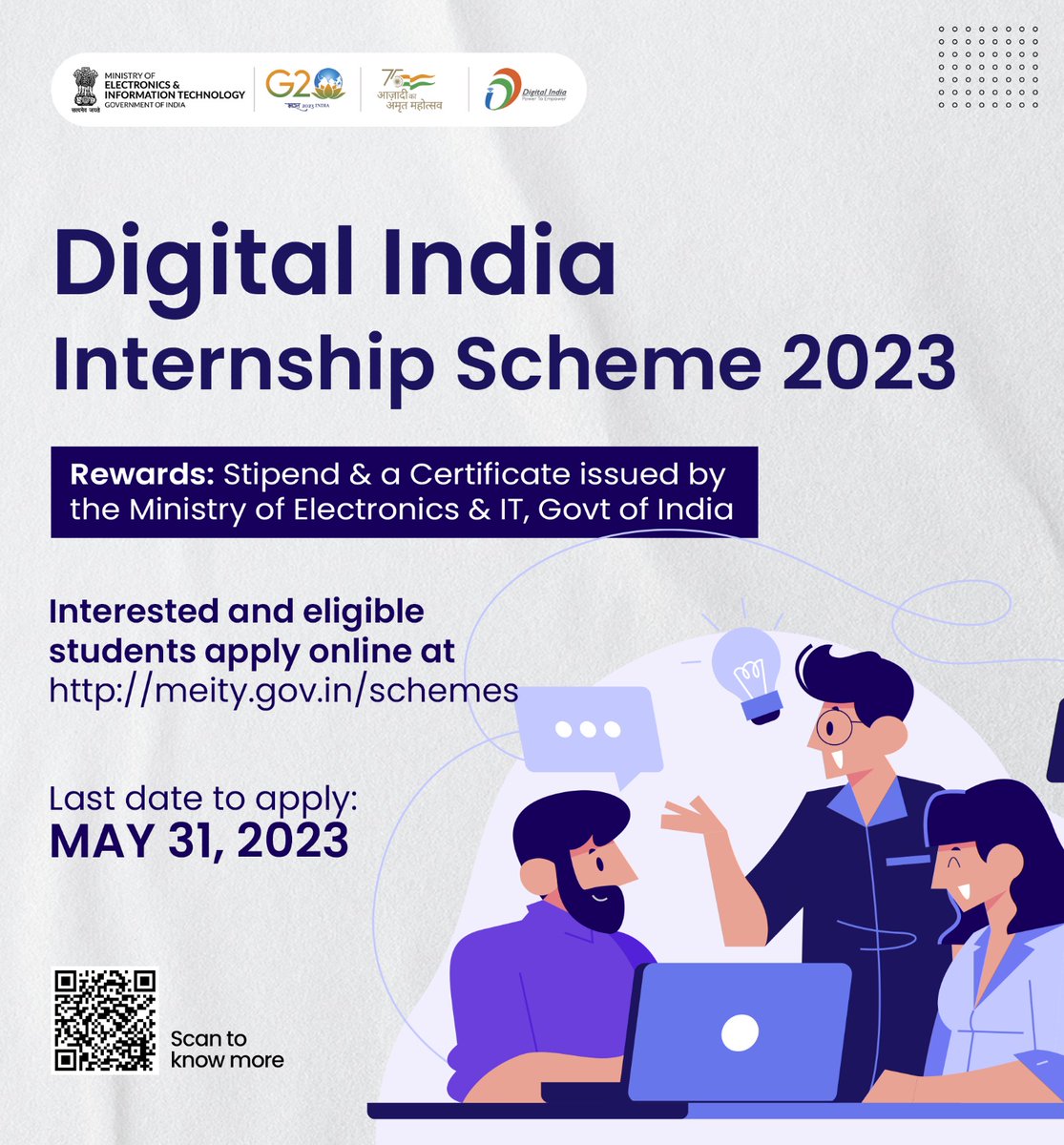 GoI_MeitY's tweet image. 🎓 Intern at Digital India!

A fascinating opportunity for college students to experience first-hand what goes behind the making of #DigitalIndia initiatives at such a large scale!

Visit meity.gov.in/meity-digital-… now.