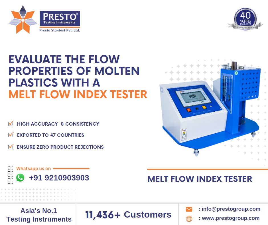 PrestoGroup's tweet image. Testing the #melt_flow properties of the #materials is an important aspect of quality control that needed to be taken care of while using the materials for their intended application.
Read More: prestogroup.com/products/melt-…
Call +91 9210903903
#meltflowindextester @PrestoGroup #mfi