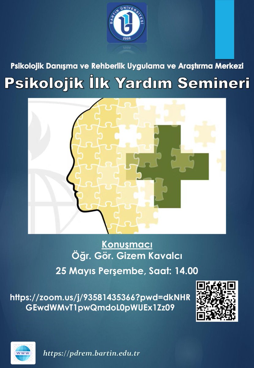 Seminerlerimiz hız kesmeden devam ediyor📢
Öğr. Gör. Gizem Kavlacı'nın sunumuyla gerçekleştirilecek "Psikolojik İlk Yardım" Semineri'nde görüşmek üzere.

Etkinlik Zoom Linki: zoom.us/j/93581435366?…