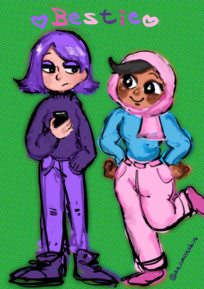multiple girls 2girls purple hair dark skin pants hood phone  illustration images