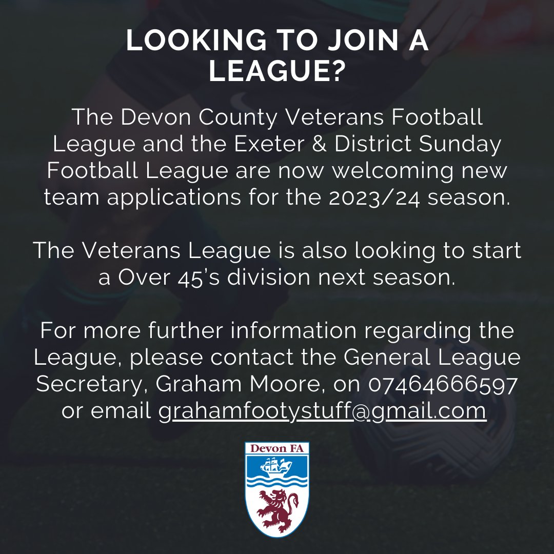 Looking to join a league for next season? 🤔

The Devon County Veterans League and the Exeter & District Sunday League are welcoming team applications for the 2023/24 season 👇

#DevonFootball