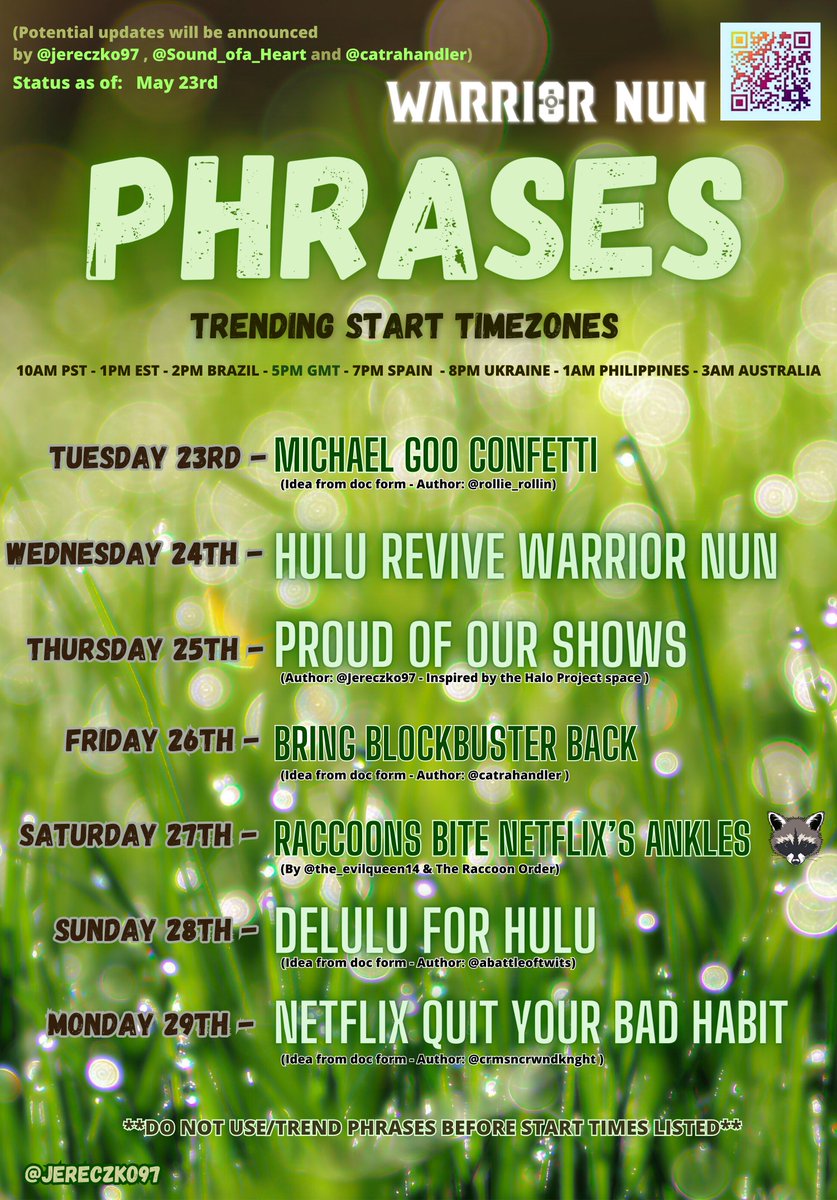 Sound_ofa_Heart's tweet photo. 🚨 Poster with this week's phrases is heeeree!

On our to-do list: funny shoutout to Michael, targeting Hulu, a few phrases to connect all of us fans fighting for our shows and a few to remind netflix that we're still here!
Can't wait🔥
#WarriorNun #SaveWarriorNun #FandomsUnited https://t.co/Zh6TBrwqSY