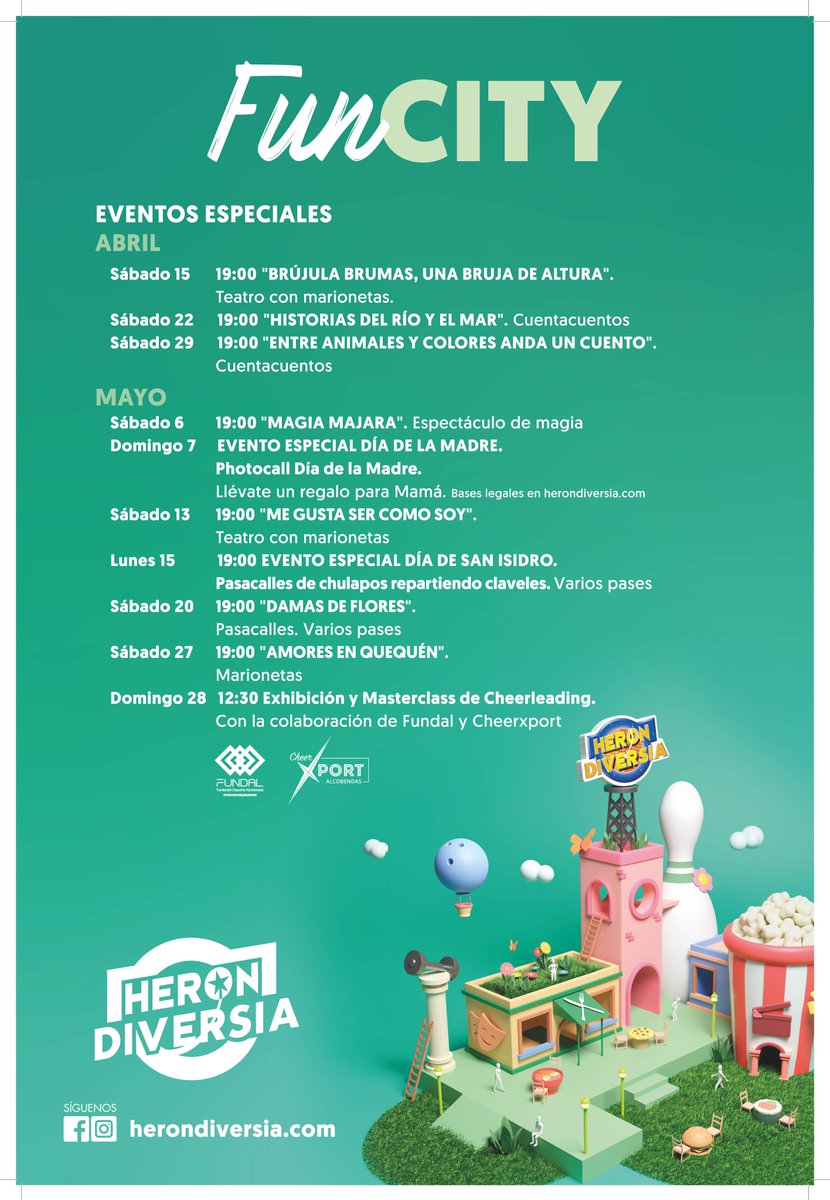 👏👏 HERON DIVERSIA por la gran programación que está suponiendo FUN CITY.

👨‍👩‍👦‍👦Ocio familiar en #Alcobendas unido a la mejor restauración y cines.

🗓️ Este domingo 28, a las 12:30 horas, si el tiempo lo permite, ¡exhibición y masterclass con <a href="/CheerXport/">CheerXport Alcobend.</a> y FUNDAL! 🤸‍♀️🤸‍♂️