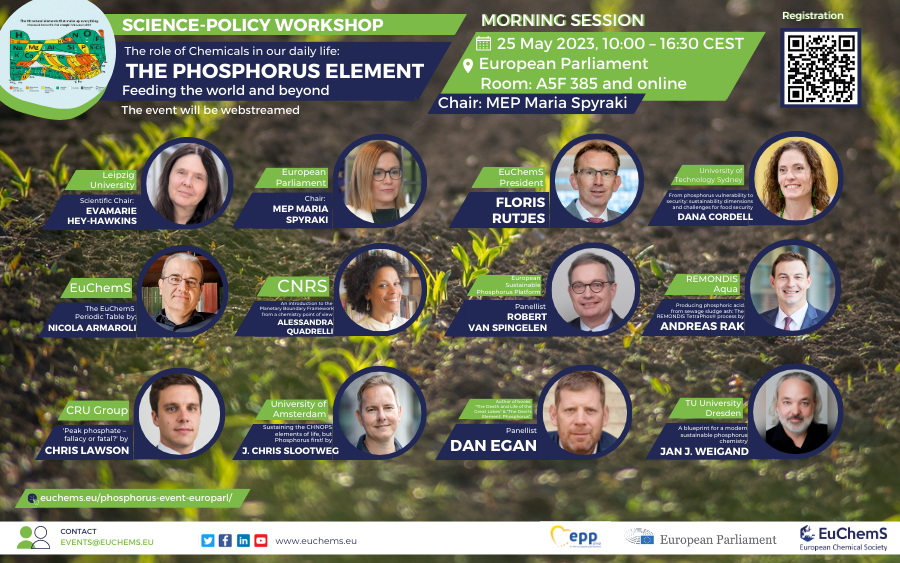An impressive tableau of all our speakers for Thursday's #science #policy workshop on #phosphorus, chaired by MEP @MariaSpyraki 📍European Parliament, Brussels - Webstreamed event 🗓️ 25 May 2023 Learn more and register until the end of today euchems.eu/phosphorus-wor…