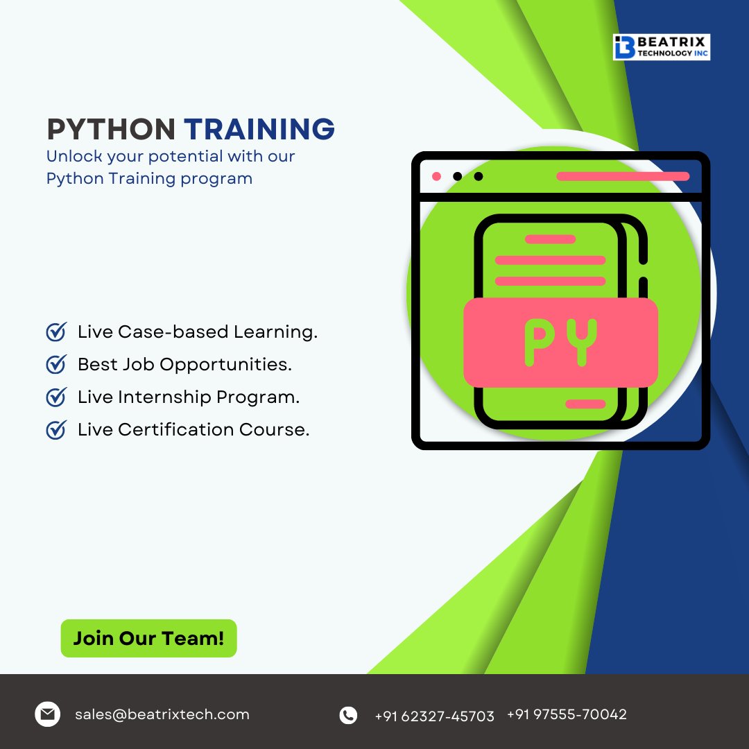 beatrixtech's tweet image. Our Python internship program provides a dynamic environment to build your coding expertise.

Send an email for registration to: sales@beatrixtech.com
Or Call on:- +91 62327-45703 
#TechDevelopment #ProgrammingDevelopment #PythonProgrammer #CodingProgrammer #TechProgrammer