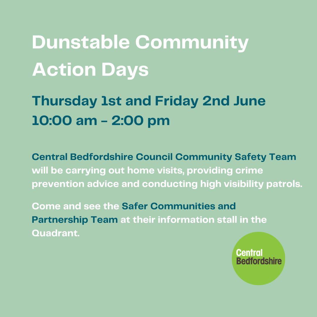 The @letstalkcentral Community Safety Team is hosting two days of action in Dunstable on the 1st & 2nd June, 10am - 2pm. Keep an eye on @safercentral for more info
#community #dunstable #TheQuadrant #QuadrantDunstable #localevents