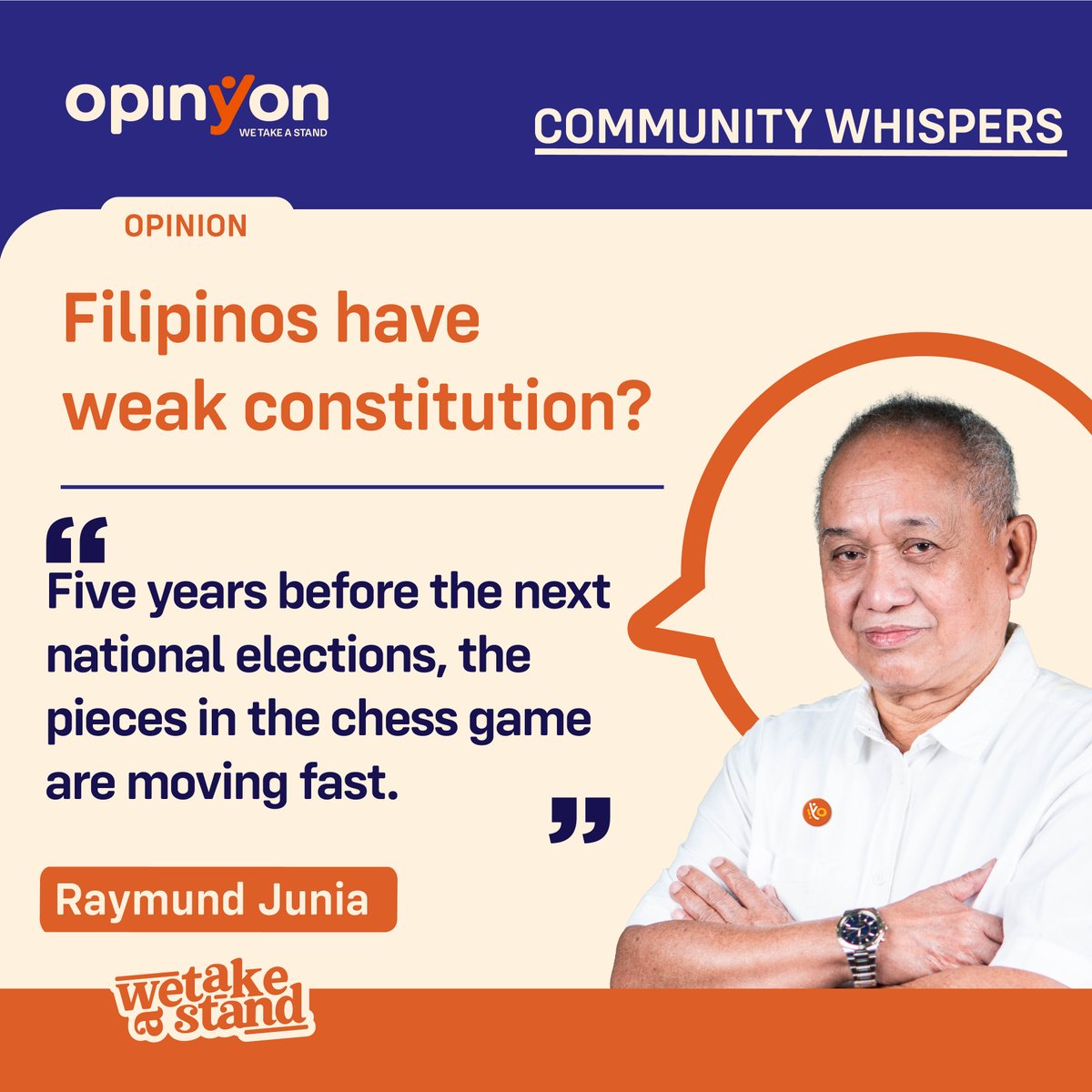 OpinYonNews's tweet photo. Filipinos have weak constitution?
By Raymund Junia
Five years before the next national elections, the pieces in the chess game are moving fast.
Read more
https://t.co/YiEKnIRkmM
#Filipinos #Weak #Constitution #WeakConstitution #Community #Whispers #CommunityWhispers #Column https://t.co/IDMBxQFbht