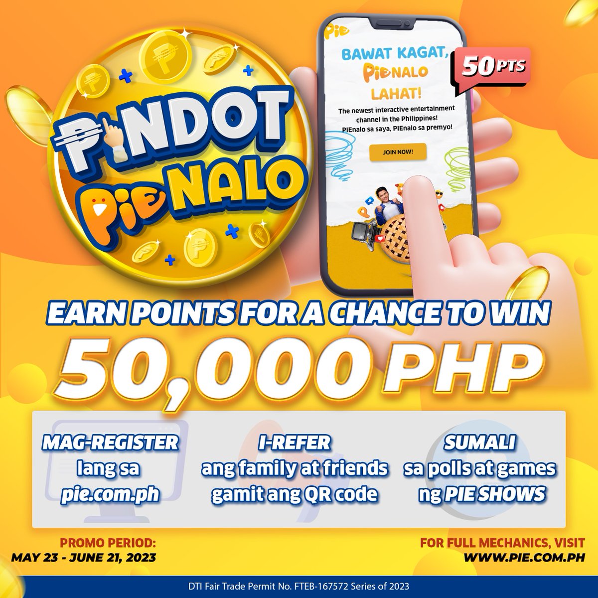 Paano nga ba ma-PIEnalo ng 50,000 PHP ngayong #PIESTAPIENALOPIENIVERSARY? 🥳

Bawat refer, bawat register, at bawat pagsali sa events, PIEnalo na kayo ng points for more chances to win sa #PINDOTPIENALO!!! ⭐️ 

PINDOT PIENALO KA DAHIL KADA PINDOT, PIE…