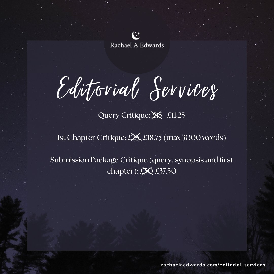 RachaelAWrites's tweet photo. I have a bit of capacity at the moment, so if you're planning to take part in #PitDark this week and want eyes on your query and/or 1st chapter ahead of any agent likes, I'm offering 25% off selected editing services! 

https://t.co/VDI789cOHr https://t.co/CM2DHQ2dS4