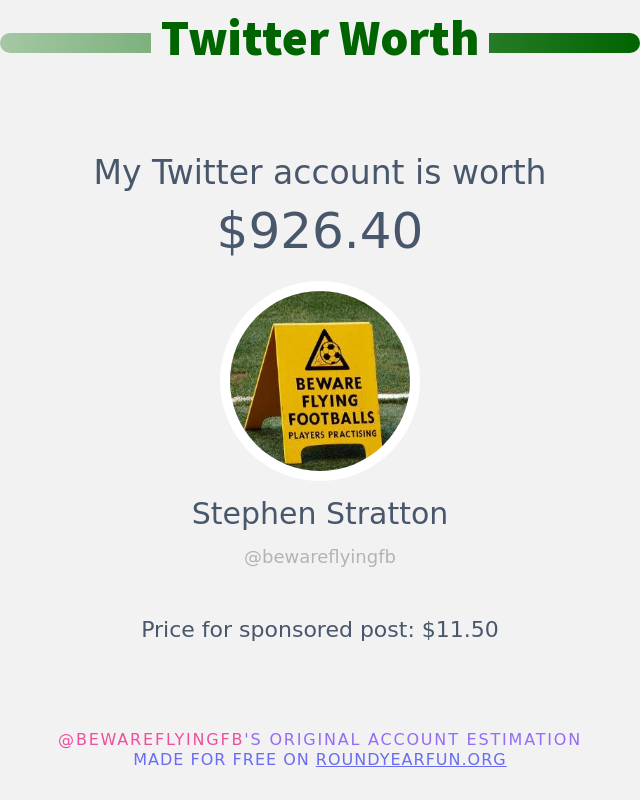 bewareflyingfb's tweet photo. My Twitter worth is: $926.40

➡️ https://t.co/vGKXBm43TI https://t.co/So7ShqzM4t
