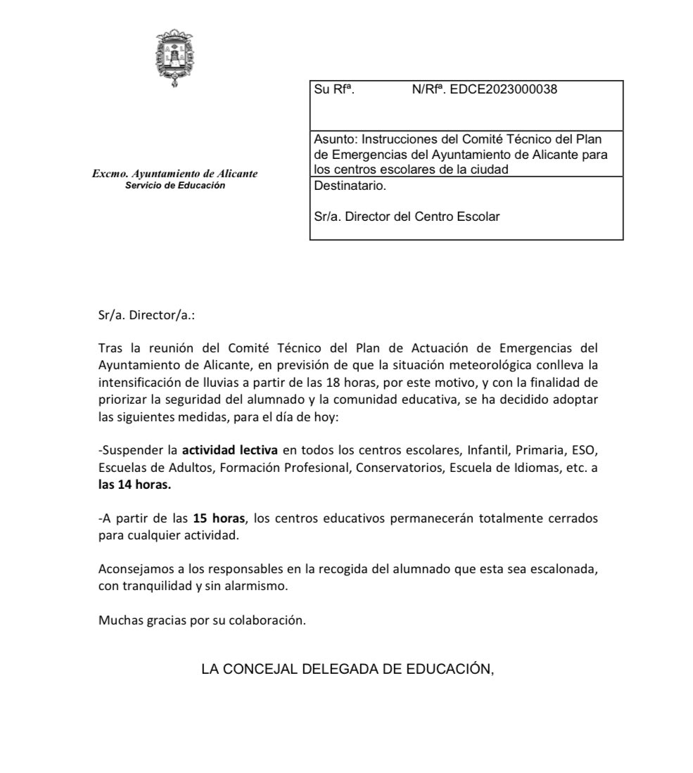Avisar a los centros educativos a media mañana de la suspensión de clases cuando la previsión de emergencia ya era conocida, demuestra el gran desconocimiento de la organización de los centros educativos y de las necesidades del alumnado y sus familias por <a href="/BarcalaSierra/">Luis Barcala Sierra</a>