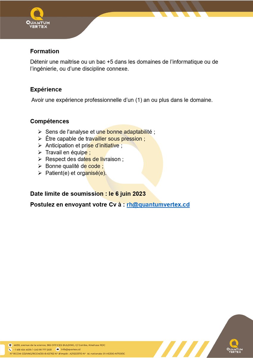 QuantumVertex's tweet image. Nous recherchons des candidats ayant une bonne connaissance de #Django et #Fask, une excellente connaissance du Framework #Odoo, des compétences en #JavaScript et #Linux ainsi qu'une grande capacité à travailler en équipe. #recrutement #rdc #Emploi