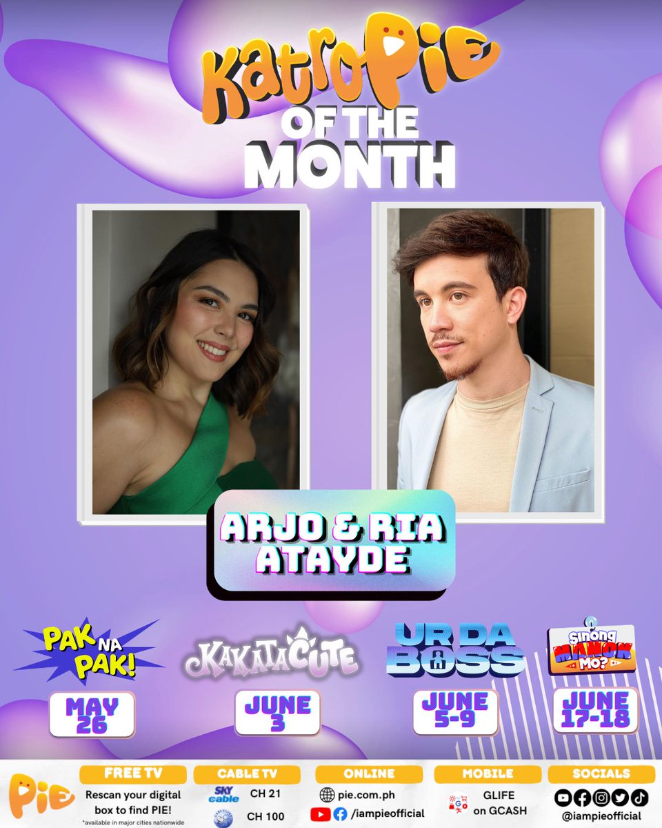 ABSCBN: KATROPIE OF THE MONTH!

Para sa ating #PIENIVERSARY celebration, makakasama natin sina Ria at Arjo Atayde sa iba't-ibang PIE shows! Excitied na silang maki-saya kasama ang mga KatroPIEs! #PIEstaPIEnalo