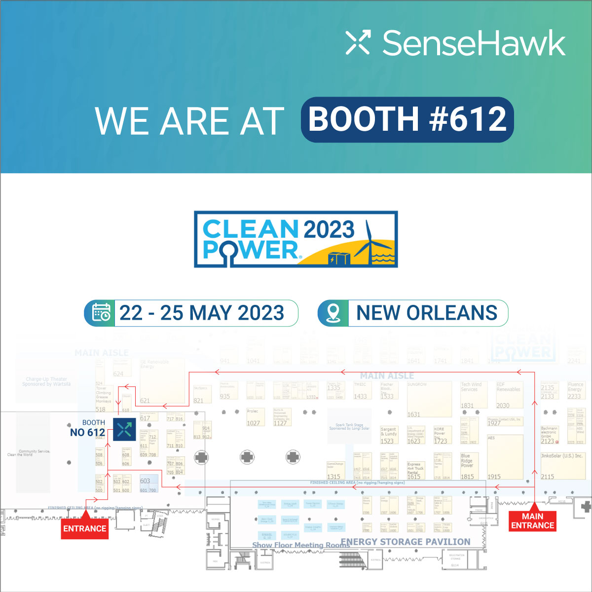 SenseHawk's tweet photo. We are at #CLEANPOWER23 in New Orleans and are looking forward to 3 days of engaging conversations with #renewable industry leaders. If you are at the Ernest N. Morial Convention Center, please do stop by Booth 612 and meet the team. #solar #digitization #assetmanagement https://t.co/ncJfx8HT0M
