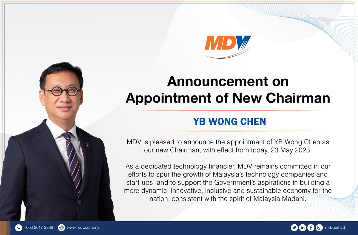mdvberhad's tweet image. Congratulations YB @WongChen_MY on your appointment as Chairman of MDV! #teamMDV looks forward to welcoming you onboard.

#MDV #techfinance