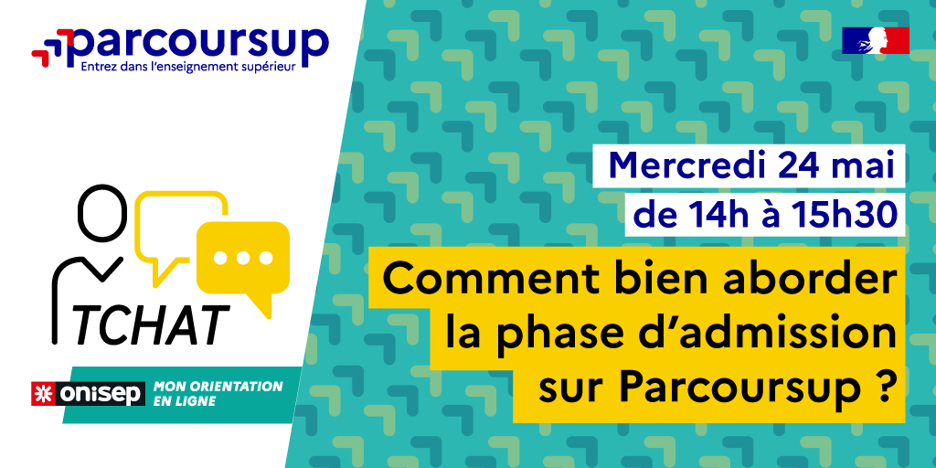 1er juin: début la phase d'admission @Parcoursup.

✅ Pour préparer cette étape importante rendez-vous sur le site de l'<a href="/Onisep/">Onisep</a> mercredi 24 mai, de 14h à 15h30!

📢Les conseillers #Parcoursup et #MonOrientationEnLigne répondront à toutes vos questions.
👉 onisep.fr/tchats