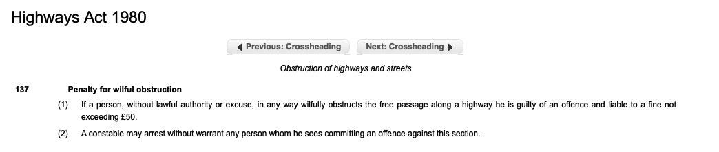 Obstruction of the highway is an arrestable offence. The police just standing by when such an obstruction is also ikely to use a breach of the peace is also highly questionable. As a former police officer myself, the approach to policing I can see on this video as really bad.