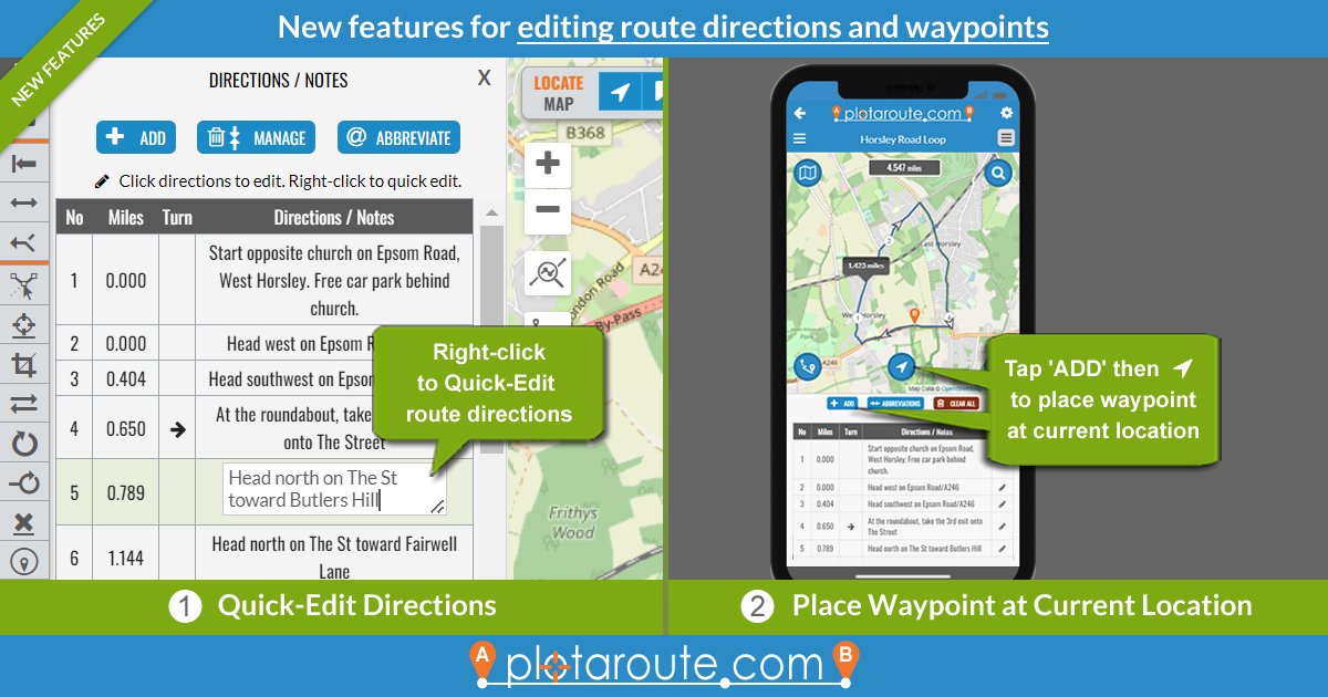 plotaroute's tweet image. We are very pleased to announce two new features on @plotaroute for editing directions and waypoints on your routes. More at: plotaroute.com/news

#walking #running #cycling #routes
#MakingRoutesMadeEasy