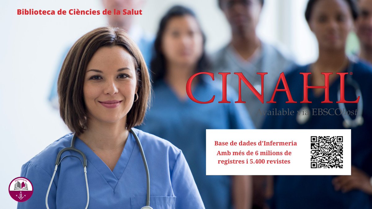 bibliotequesudl's tweet photo. Avui et recomanem la #basededades #CinahlPlus. T'interessa si estudies #infermeria. Proporciona índexs de més de 4.500 publicacions sobre infermeria. Hi pots accedir des del lloc web de les @bibliotequesudl: 🔗https://t.co/Y42iTIofqz https://t.co/lCqvWkKiir
