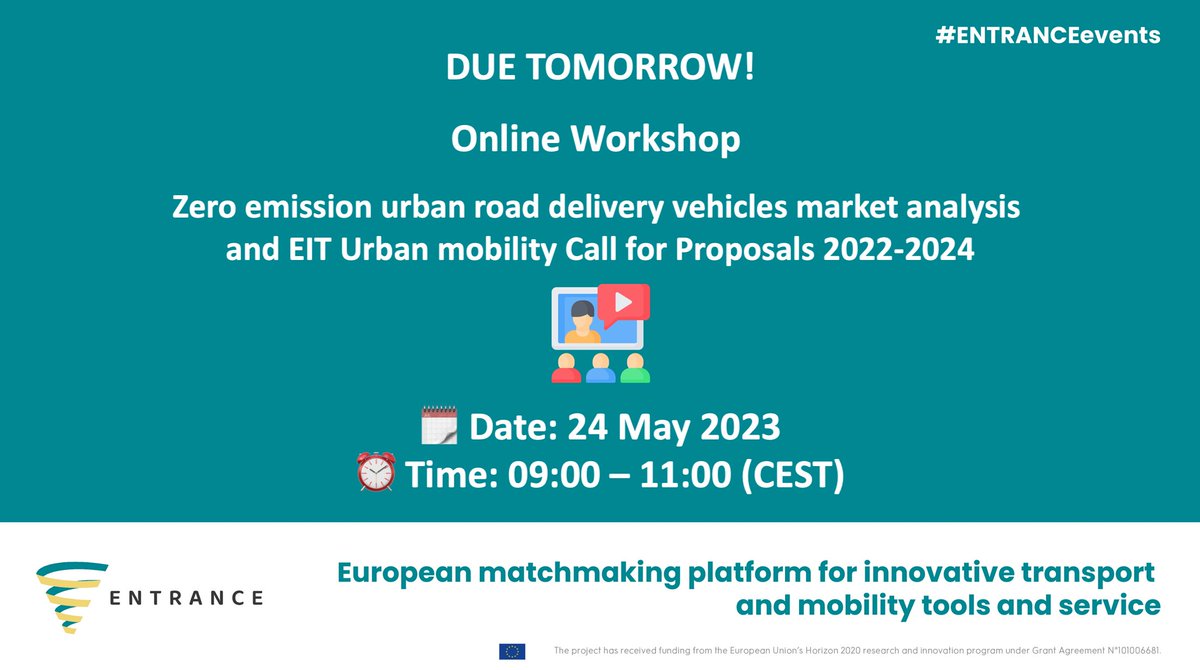 ⏰ Last Call: Workshop TOMORROW!

Zero Emission Urban Delivery & EIT Urban Mobility Call for Proposals 📢

⏰ Time: 9AM (CEST)

✍️ Free registration:
bit.ly/418UhKE

#SustainableMobility #EITUrbanMobility