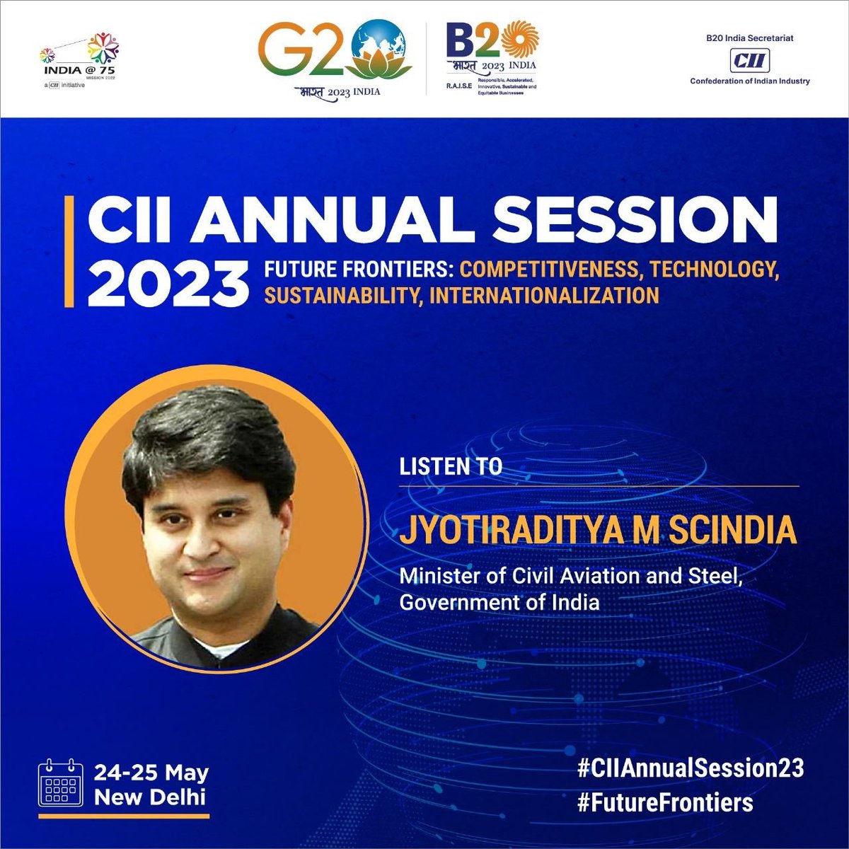 TUCC_Official's tweet image. RT FollowCII: @JM_Scindia, Minister of Civil Aviation and @SteelMinIndia, Government of India shares insights.
#StayTuned as industry experts &amp;amp; thought leaders discuss the way forward for India.
Visit➡ciiannualsession.in/index.html
#FutureFrontiers #technol…