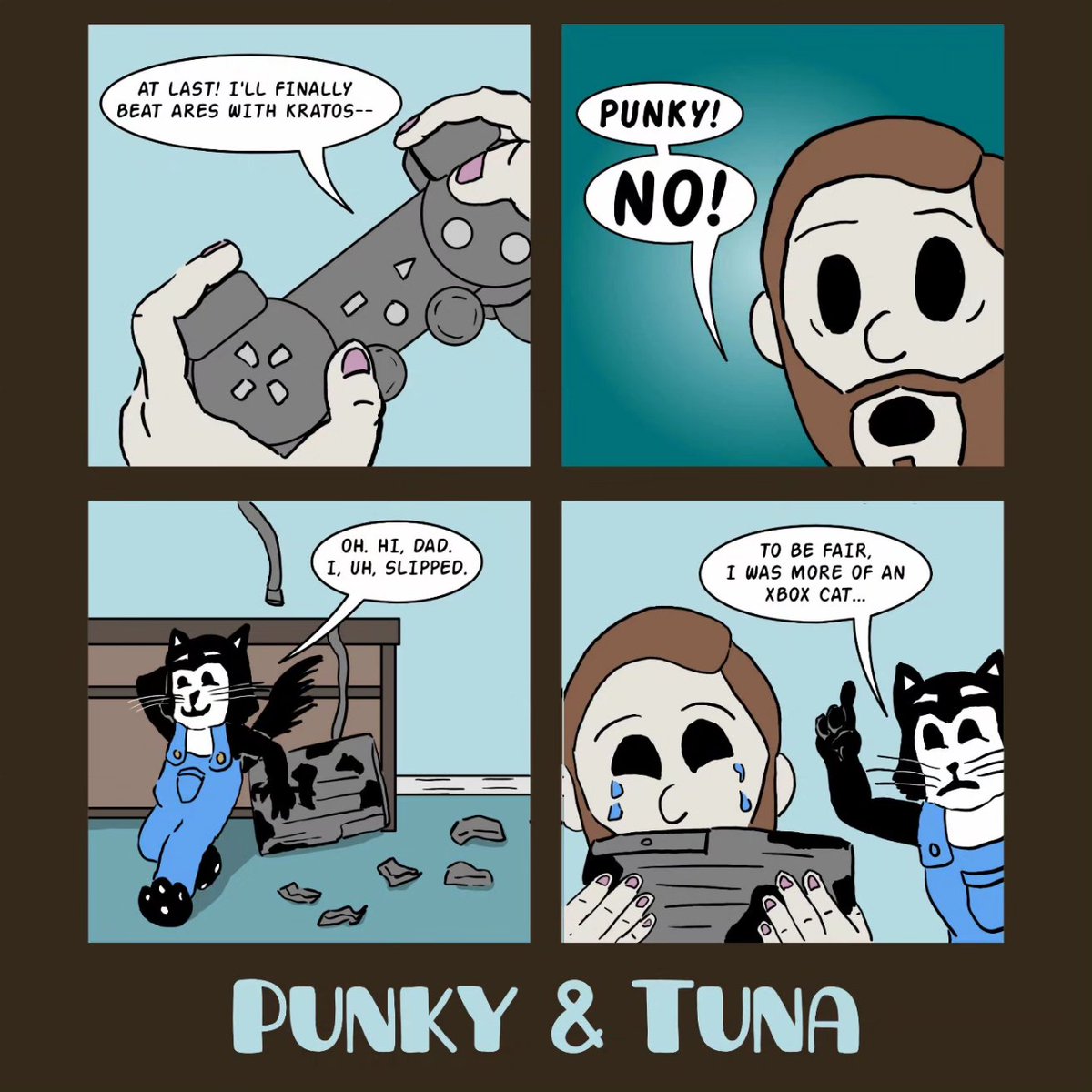 PunkyTunaComic's tweet photo. Inspired by true events. The PS3 did live on...
•
•
•
•
•
#punkytunacomic #playstation #ps3 #godofwar #Sony #cat #tuxedocat #kittycomic #Xbox #creatorownedcomics #createdonsurface #surfacepro https://t.co/OYy3kYDo3c