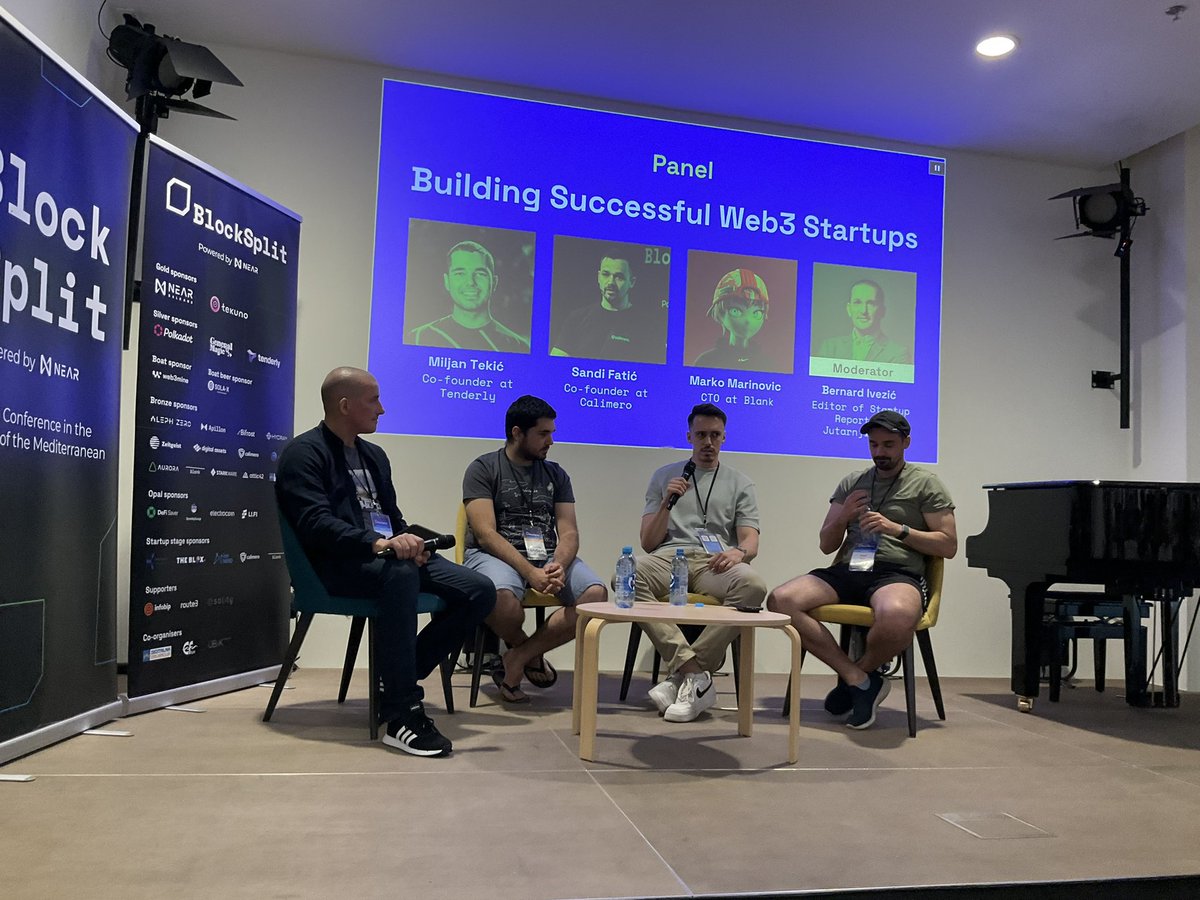 EthanPierse's tweet photo. And now, "Building Successful Web3 Startups" at @blocksplit with:

@MiljanTekic from @TenderlyApp 
@chefsale from @CalimeroNetwork 
Marko Marinovic from @blankhq_co 
And @BernardIvezic from @Jutarnji 

Exploring the key elements and strategies that contribute to the success of Web3 startups. From blockchain integration and tokenomics to community building and market adoption, our panelists will delve into the essential aspects of building a thriving Web3 venture.  

#BlockSplit4