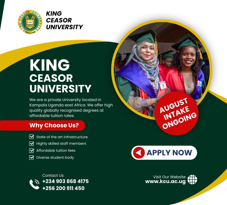 The August intake for King Ceasor University is currently in progress. Take this opportunity to apply and become part of one of Uganda's top universities. Join us now and experience the excellence we offer. #kingceasoruniversity #ApplyNow