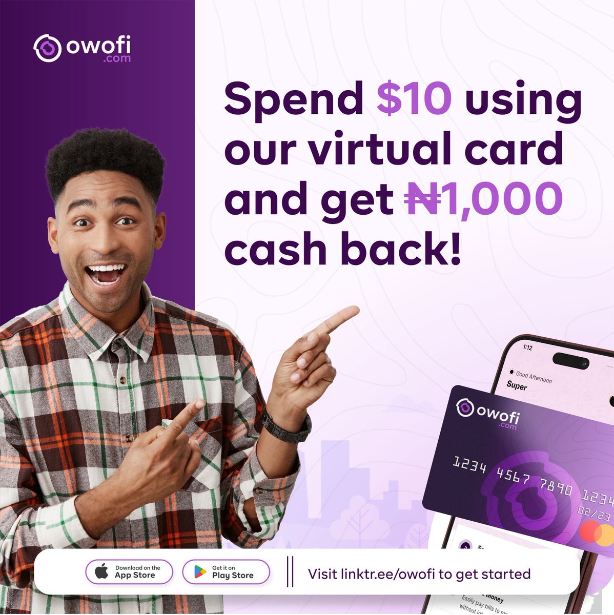 owofiapp's tweet photo. Introducing our Money-Back Guarantee! 👀 Receive a refund of N1,000 whenever you make a purchase of up to $10 using your OwoFi virtual card.

To start enjoying this amazing offer, click the link in our bio and join OwoFi today. https://t.co/mbXdaTvpFk