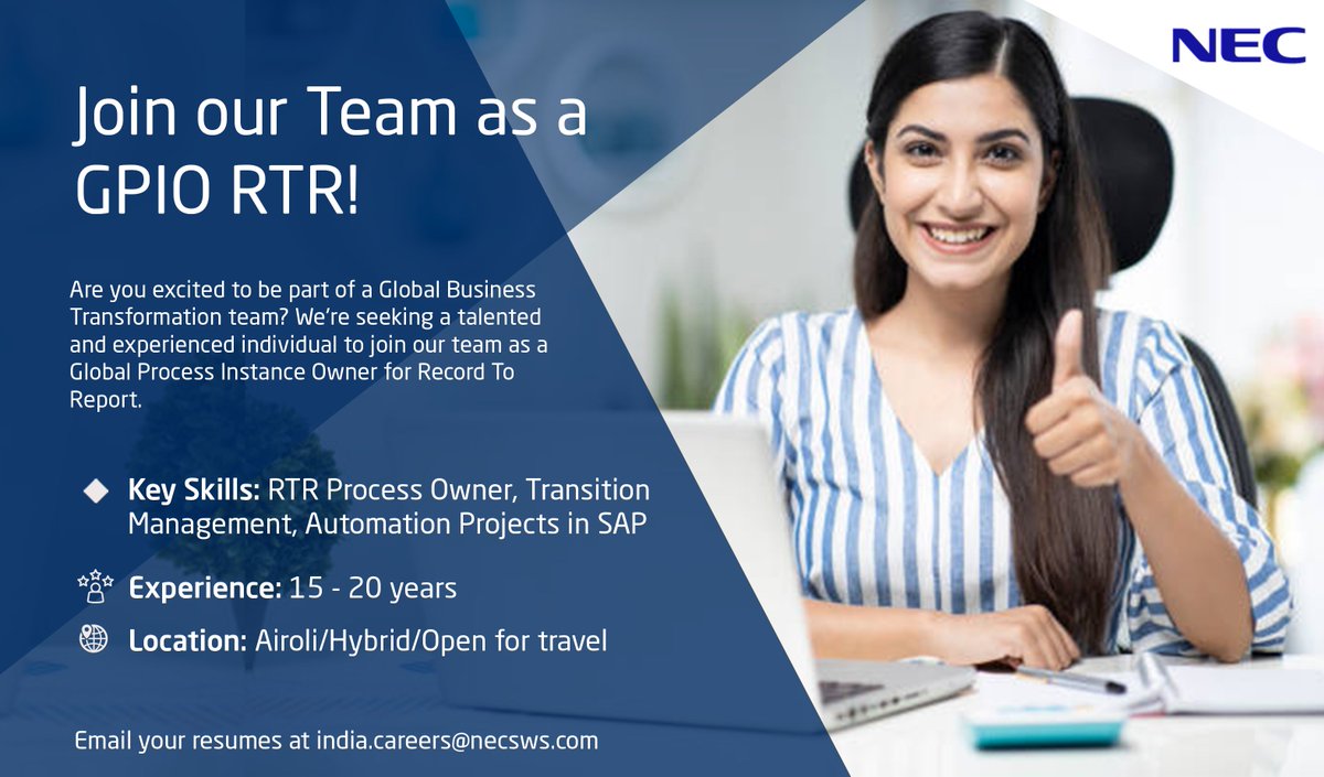 NECSWS_India's tweet photo. Join us and contribute to the success of our global RTR processes. Don't miss out on this chance to make a meaningful impact!

Apply now and take your career to new heights! https://t.co/013FXDbwE5
 
#RTR #ProcessOwner #Automation #SAP  #CareerOpportunity #NECSWS_India https://t.co/ZvppAipcAc