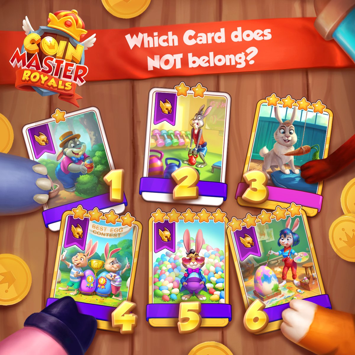 CoinMasterGame's tweet photo. Some bunny does not belong! 🐰𝑨𝒏𝒅 𝒘𝒆'𝒓𝒆 𝒂𝒍𝒍 𝒆𝒂𝒓𝒔! Tell us which card it is for a chance to win 𝟲𝟬𝟬 𝗦𝗣𝗜𝗡𝗦 &amp; 𝗣𝗘𝗧 𝗙𝗢𝗢𝗗!🙌

You carrot miss these 𝐒𝐏𝐈𝐍𝐒! 🥕👉https://t.co/xqqvjnpjVw https://t.co/Pqcae3cyvW
