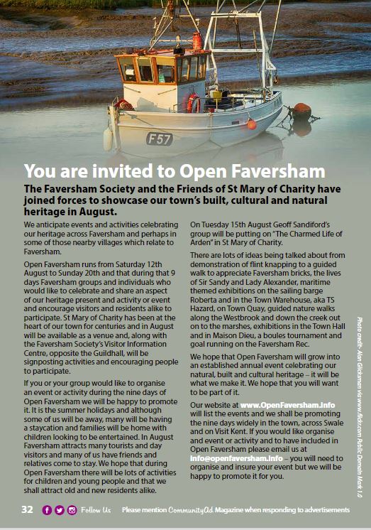 The second Open Faversham Planning Meeting will take place on Thursday 25th May at 7.30pm in the Guildhall.
If you are interested in running an activity or event please do attend if you can.
for more information please see our website: openfaversham.info
