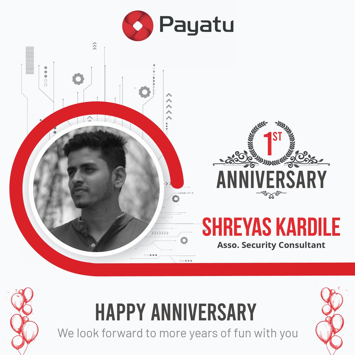 Congratulations on completing #One brilliant year <a href="/KardileShreyas/">Shreyas Kardile</a> 🎊

Today is the day you joined us here at <a href="/payatulabs/">Payatu</a>  and became a #Bandit.

Sharing work with a #Bandit like you is always fun.

Happy Work Anniversary!

#team #workanniversary