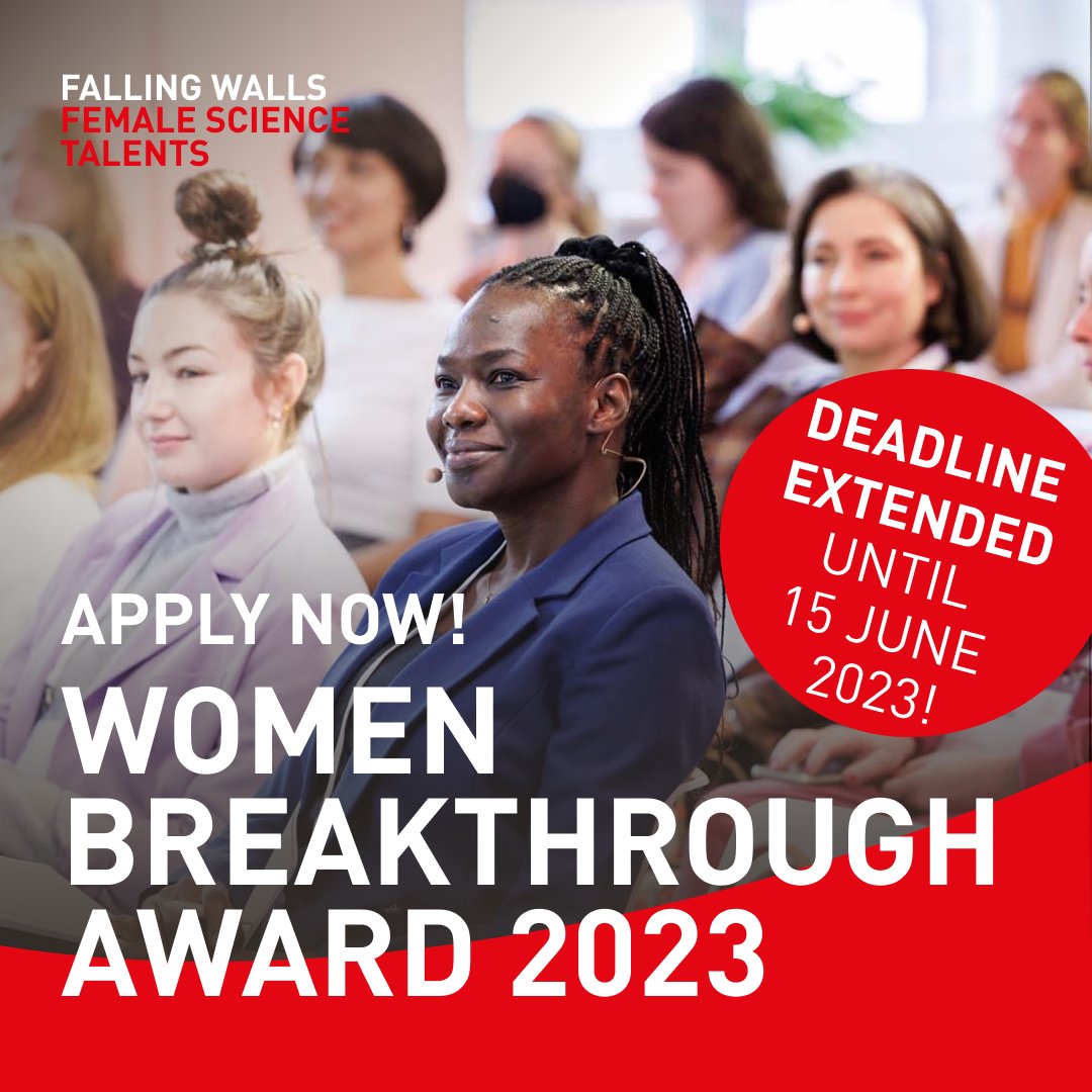 Falling Walls (@falling_walls) on Twitter photo 📣 The deadline for the <a href="/fw_fst/">Falling Walls Female Science Talents</a> Women Breakthrough Award 2023 has been extended to 15 June! 🚀
Nominate yourself or another exceptional #femalescientist for a chance to win 3000 € prize money, showcase your research, and become a role model for others: bit.ly/3Gh0sVt! 📣 The deadline for the <a href="/fw_fst/">Falling Walls Female Science Talents</a> Women Breakthrough Award 2023 has been extended to 15 June! 🚀
Nominate yourself or another exceptional #femalescientist for a chance to win 3000 € prize money, showcase your research, and become a role model for others: bit.ly/3Gh0sVt!