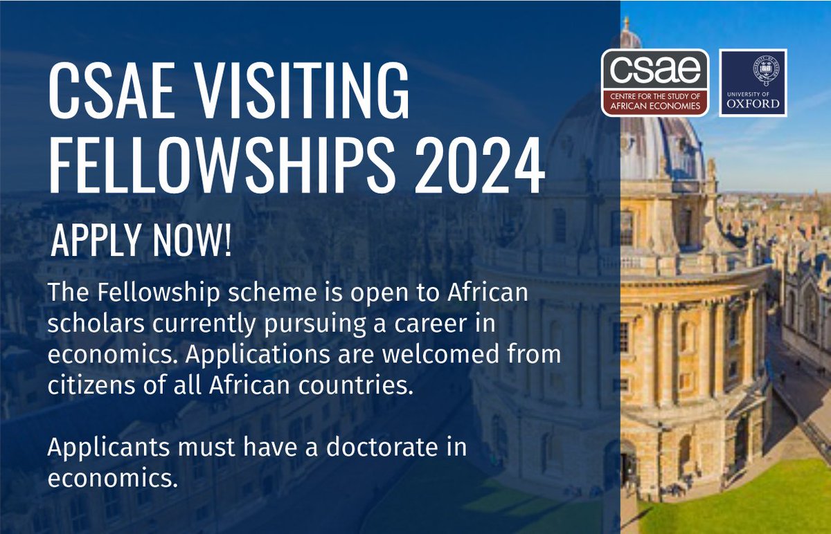 📢Only 8 days left to apply for the CSAE Visiting Fellowships Scheme 2024! The scheme supports a residency in Oxford from January to March, including flights, accommodation, & a small stipend. Applications welcomed from citizens of all African countries: oxford.onlinesurveys.ac.uk/csae-visiting-…