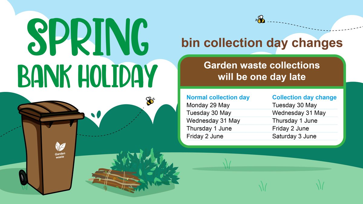 Garden waste collections will be one day late next week due to the bank holiday. Rubbish and recycling collections will be collected as usual.  

To keep up to date with your bin dates, download the Bin Collections app 👉 ow.ly/u83j50Nw2cX