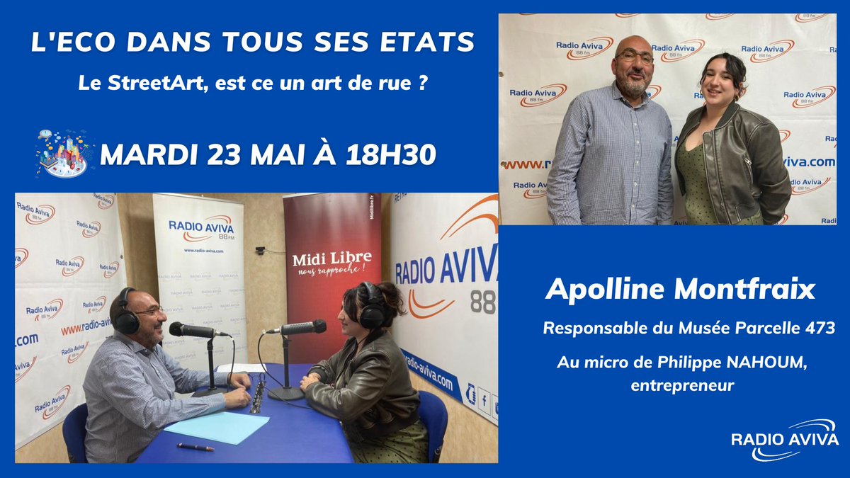 L'Eco dans tous ses états <a href="/RadioAviva34/">RADIO AVIVA MONTPELLIER</a> 
mardi 23 Mai 18h30 
Le StreetArt, est ce un art de rue ? 
Comment se formalise t-il, quels sont ses codes, qui sont ses acteurs ? ...
Avec Apolline Montfraix - Musée Parcelle 473 - radio-aviva.com/blog/podcast/a…