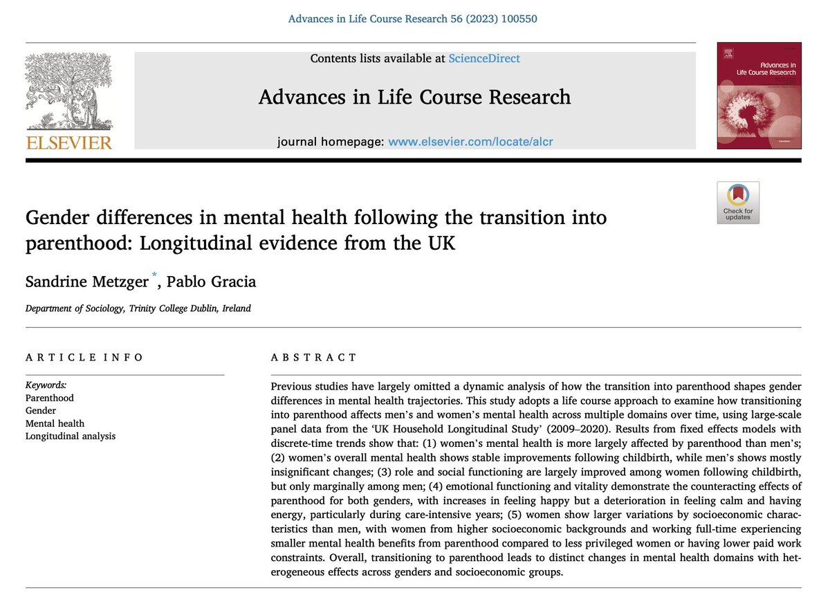 The first paper of my PhD with @pablogracia_twi has been published in Advances in Life Course Research! We study how the transition into parenthood shapes gender differences in mental health trajectories using UK @usociety data. Available open access: doi.org/10.1016/j.alcr…