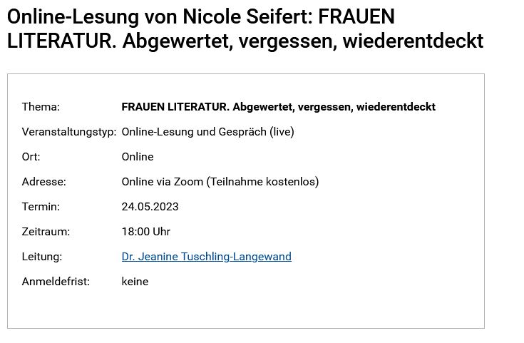 ubhagen's tweet photo. Ihr habt morgen um 18 Uhr noch nichts vor? Dann besucht doch unsere Online-Lesung "FRAUEN LITERATUR. Abgewertet, vergessen, wiederentdeckt" von u. mit Nicole Seifert. Die Teilnahme ist kostenlos und den Teilnahmelink, sowie weitere Infos findet ihr hier: https://t.co/Jk6apiEZpp https://t.co/mYWV4BYbmP