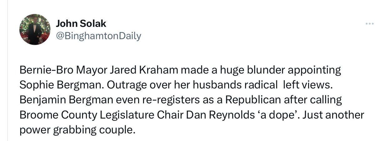 Which way Damascus?  City Court Judge Sophie Bergman’s husband, the radical left attorney Benjamin Bergman actually registers as a Republican? After calling Chairman of Broome Legislature ‘a dope’ Just another power grabbing opportunistic couple?