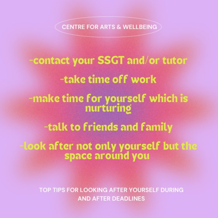 We will be focusing on how to cope with mental health struggles and how to give your wellbeing a boost, starting with top tips for coping with deadline season! #university #arts #mentalhealth #Wellbeing #deadlines #academicstress