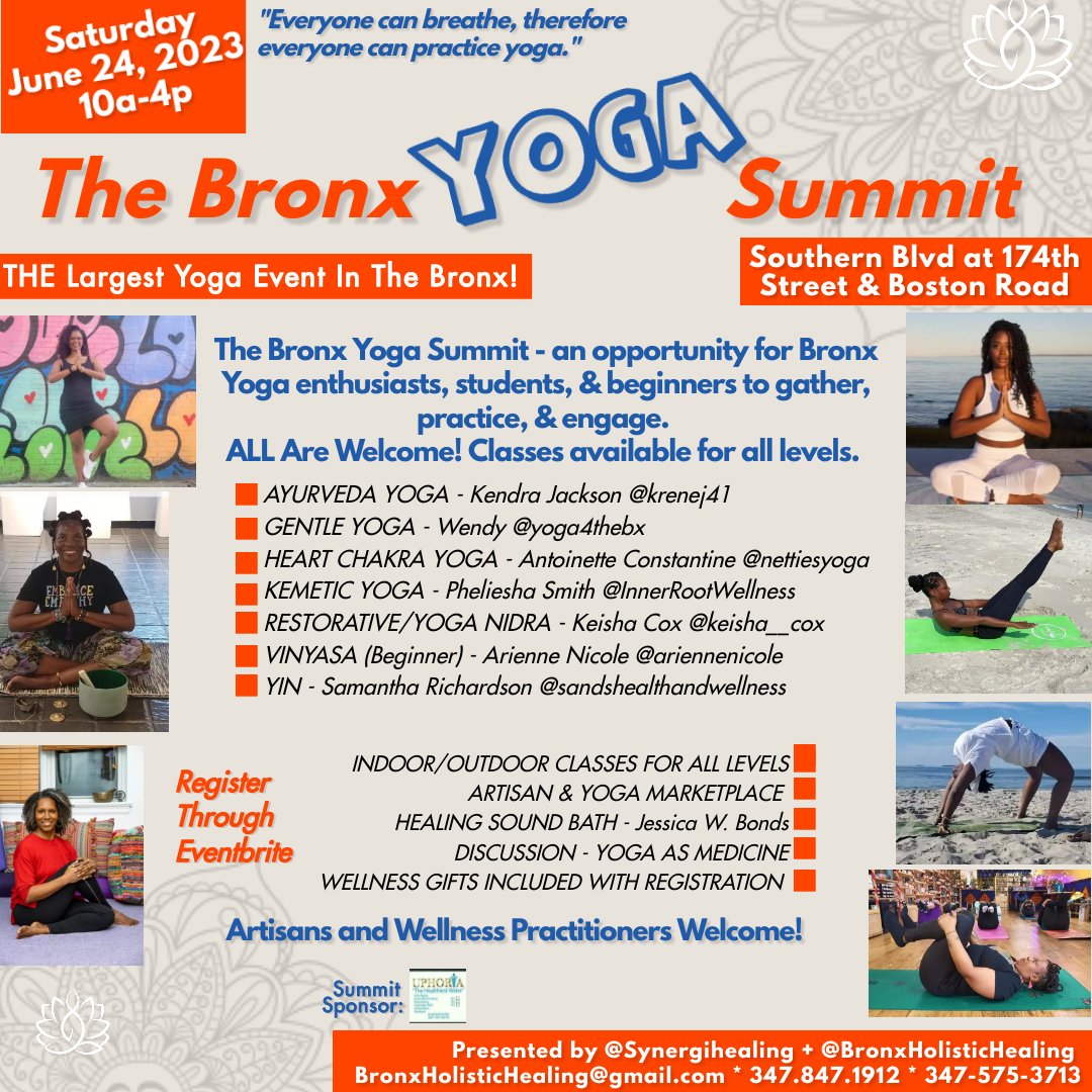 The Bronx Yoga Summit! Sat June 24
The Largest Yoga Gathering in The Bronx!
All Levels & Ages Welcome!
Ayurveda, Gentle Yoga, Kemetic Yoga, Vinyasa, Yin Yoga, and More! Wellness Marketplace & Wellness Services.
eventbrite.com/e/the-bronx-yo…
#bronxny #Bronxyoga #bxyoga #nycyoga #nyyoga