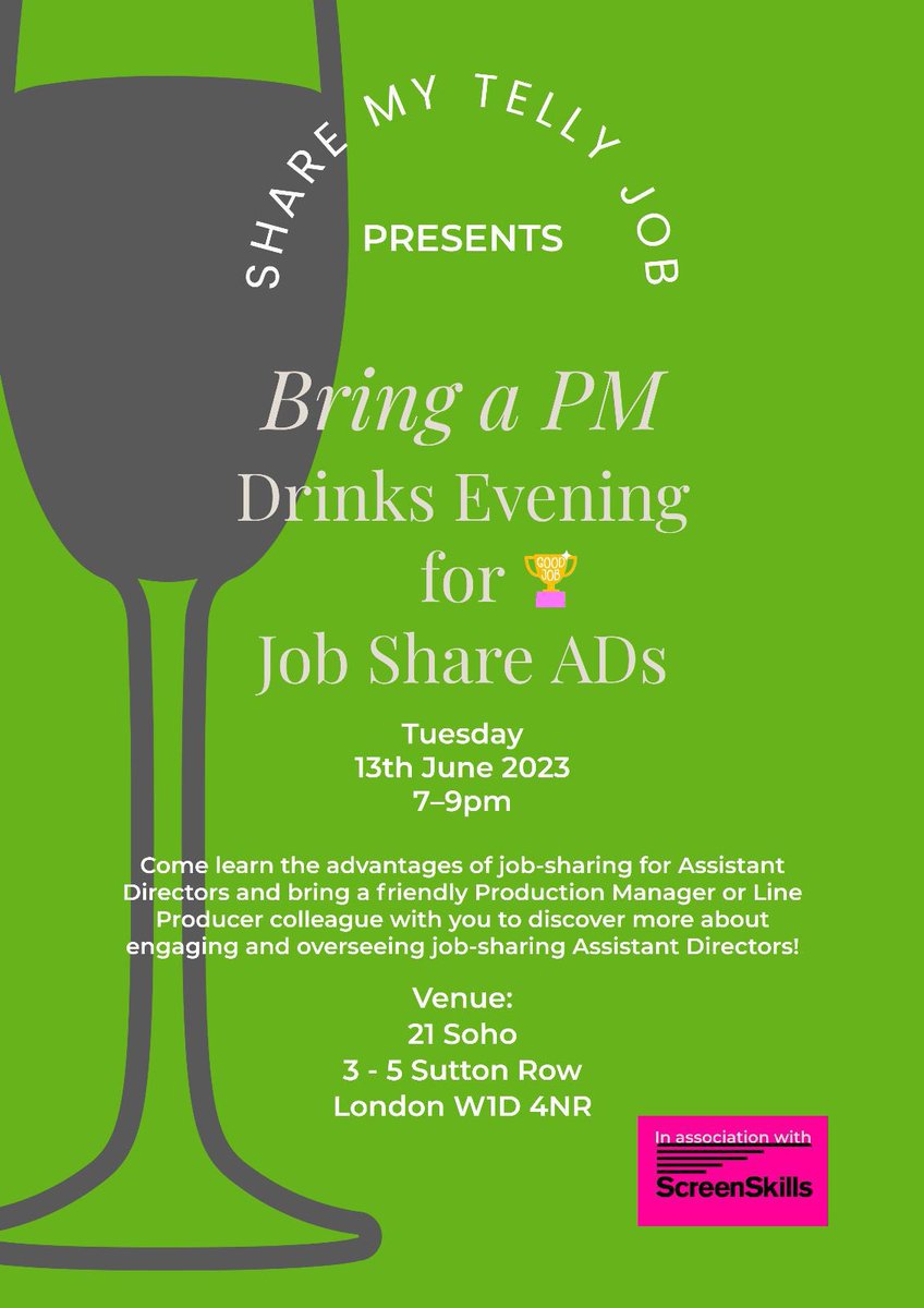 Spread the word about the benefits of Job-sharing in AD roles - bring a friendly PM or LP colleague with you to 21Soho on the 13th June at 7pm to learn more about why and how to hire and manage job-sharing ADs!