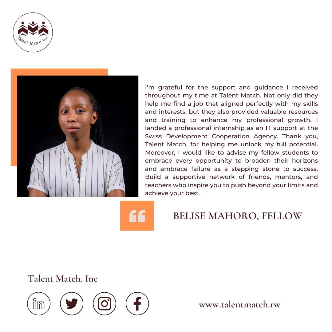 talentmatchinc's tweet photo. Belise Mahoro, one of our fellows that graduated from Akilah Institute speaking about her time at Talent Match and the advice to her fellow students. #Skills2Succeed #careerdevelopment #ProfessionalSkills #UnlockYourPotential https://t.co/QZncNuwV7l